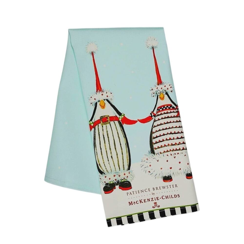 NEW MacKenzie Childs Patience Brewster Santa Penguins Dish Towel Christmas Towel